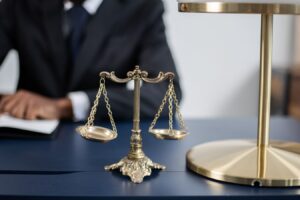 Balance de la justice posée sur un bureau dans un cabinet juridique