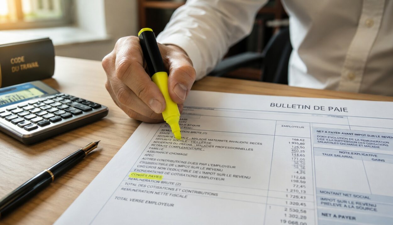 Bulletin de paie français avec ligne congés payés surlignée au stabilo jaune, calculatrice et stylo, Code du travail