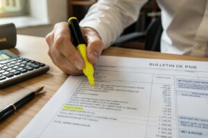 Bulletin de paie français avec ligne congés payés surlignée au stabilo jaune, calculatrice et stylo, Code du travail