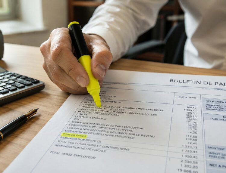 Bulletin de paie français avec ligne congés payés surlignée au stabilo jaune, calculatrice et stylo, Code du travail