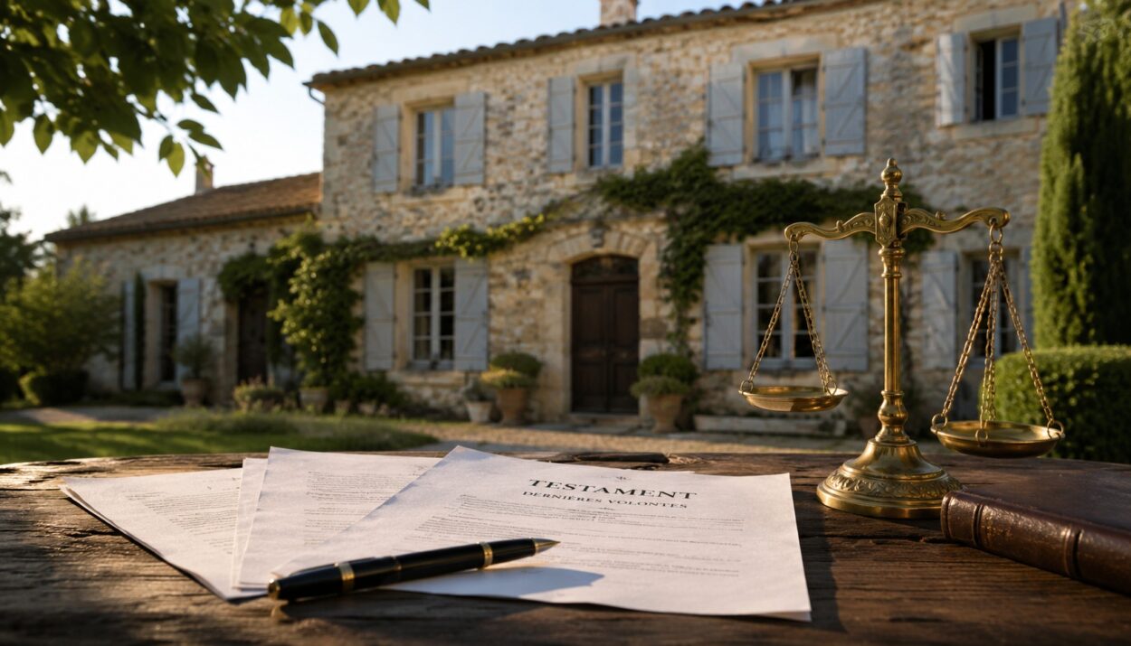 Maison familiale en pierre avec table en bois, document Testament, stylo et balance de justice