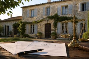 Maison familiale en pierre avec table en bois, document Testament, stylo et balance de justice
