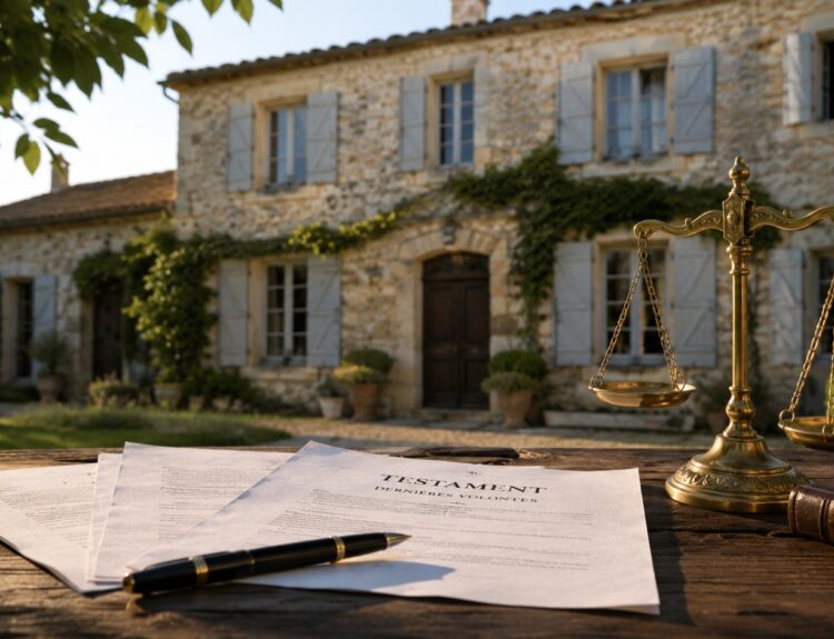 Maison familiale en pierre avec table en bois, document Testament, stylo et balance de justice