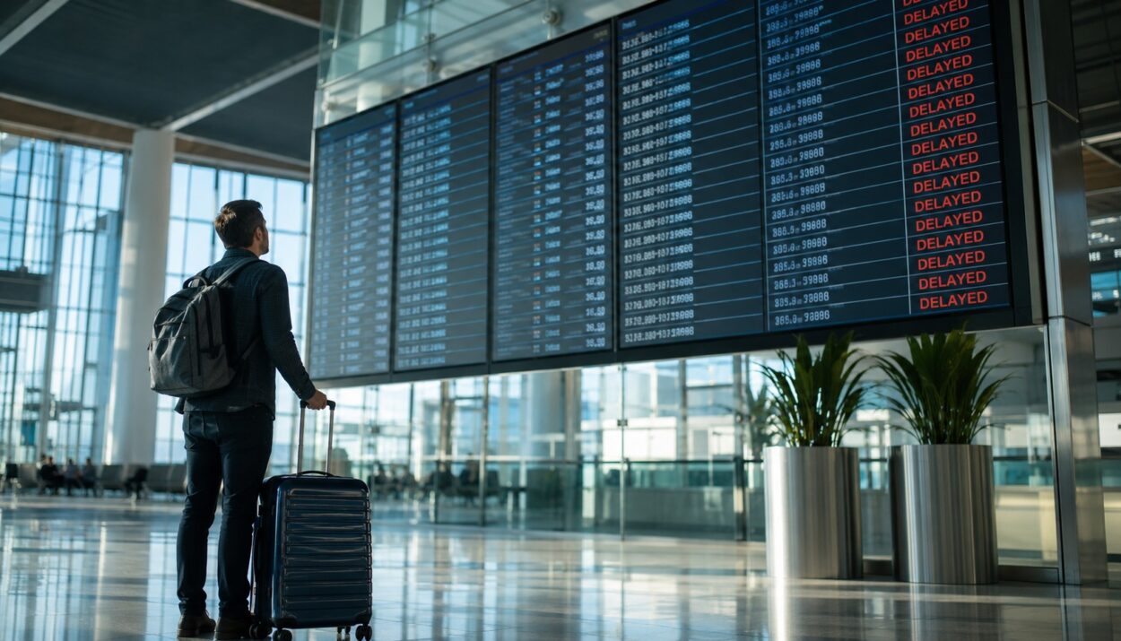 Voyageur observant un panneau d'affichage de vols retardes dans un aeroport