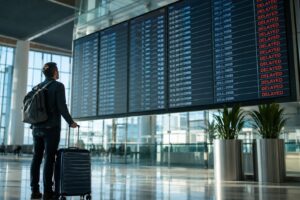 Voyageur observant un panneau d'affichage de vols retardes dans un aeroport