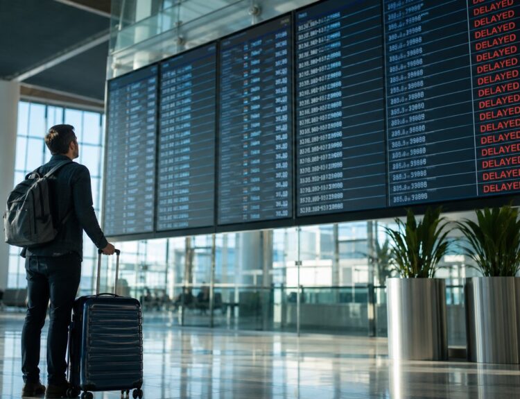 Voyageur observant un panneau d'affichage de vols retardes dans un aeroport