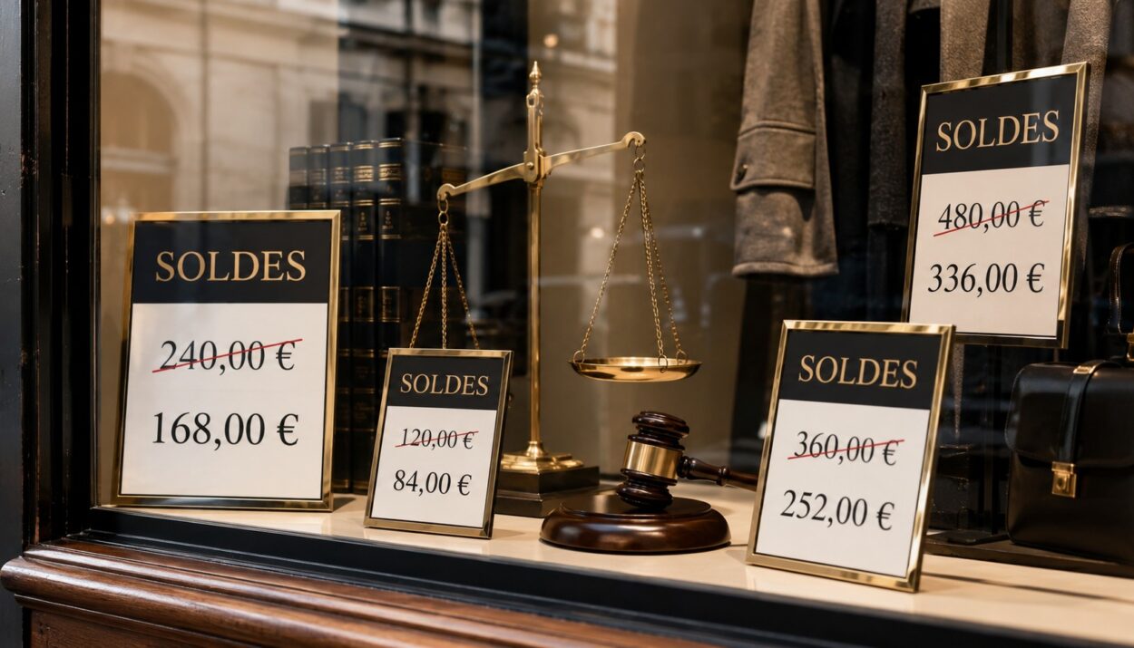 Vitrine de magasin avec affichettes Soldes, prix barrés, balance de la justice et marteau