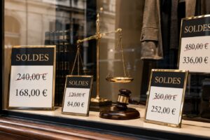 Vitrine de magasin avec affichettes Soldes, prix barrés, balance de la justice et marteau