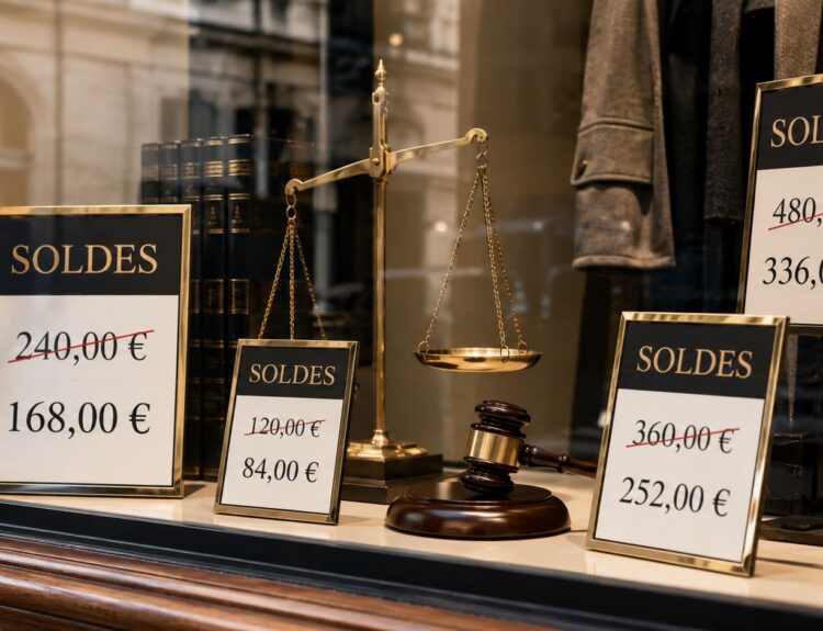 Vitrine de magasin avec affichettes Soldes, prix barrés, balance de la justice et marteau