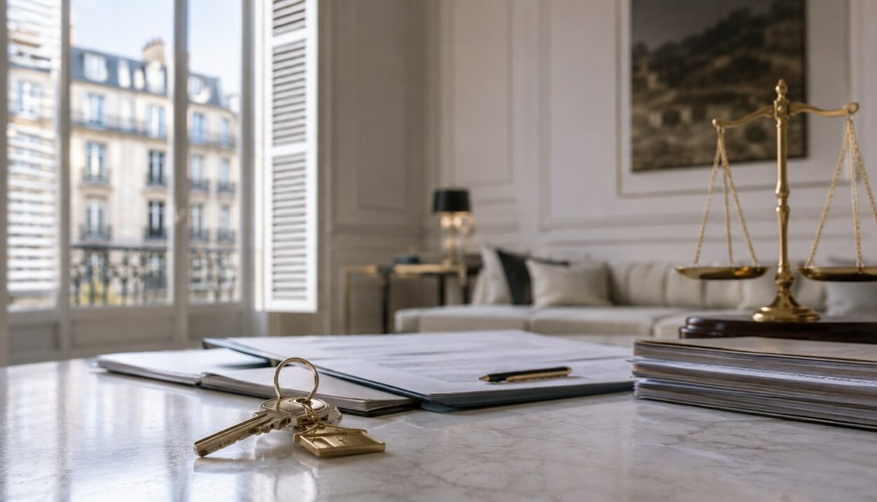 Clés et contrat de location sur une table dans un appartement parisien lumineux, avec une balance de la justice en arrière-plan illustrant la sous-location