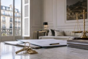 Clés et contrat de location sur une table dans un appartement parisien lumineux, avec une balance de la justice en arrière-plan illustrant la sous-location