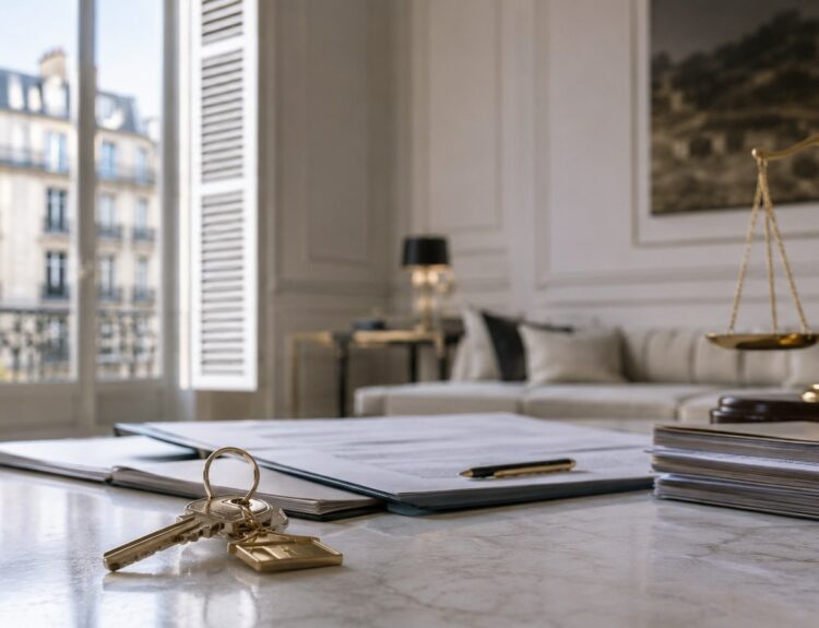 Clés et contrat de location sur une table dans un appartement parisien lumineux, avec une balance de la justice en arrière-plan illustrant la sous-location
