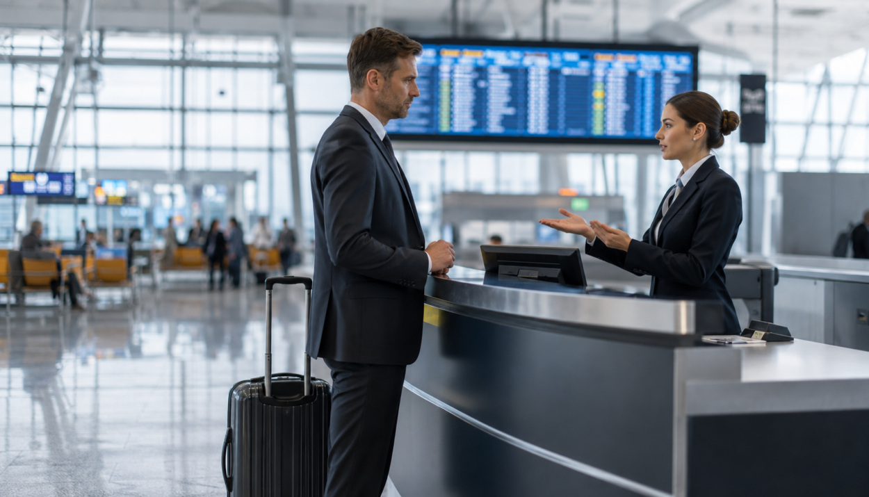 Passager d'affaires au comptoir d'embarquement d'un aeroport en discussion avec une agente sur un refus d'embarquement pour surbooking