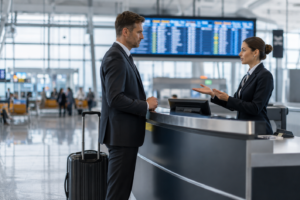 Passager d'affaires au comptoir d'embarquement d'un aeroport en discussion avec une agente sur un refus d'embarquement pour surbooking
