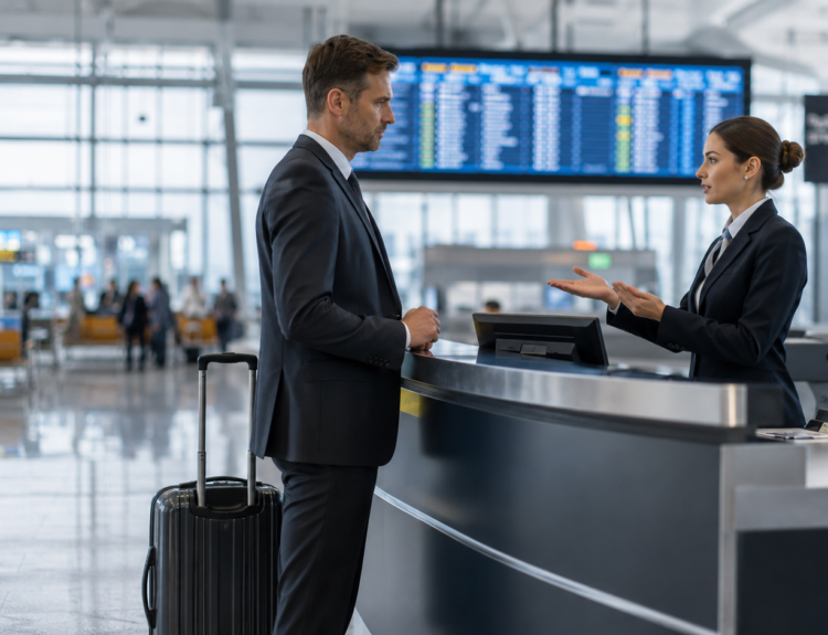 Passager d'affaires au comptoir d'embarquement d'un aeroport en discussion avec une agente sur un refus d'embarquement pour surbooking