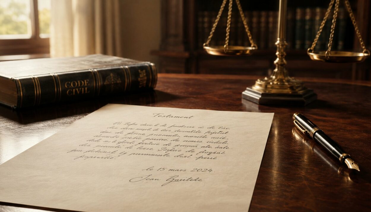 Testament olographe manuscrit signe pose sur un bureau devant un Code civil et une balance de la justice