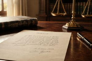 Testament olographe manuscrit signe pose sur un bureau devant un Code civil et une balance de la justice