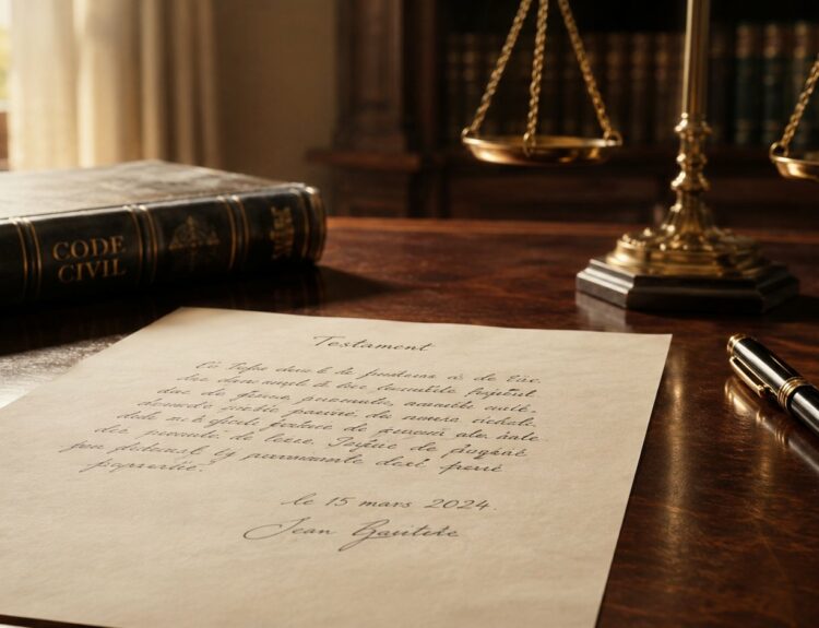 Testament olographe manuscrit signe pose sur un bureau devant un Code civil et une balance de la justice
