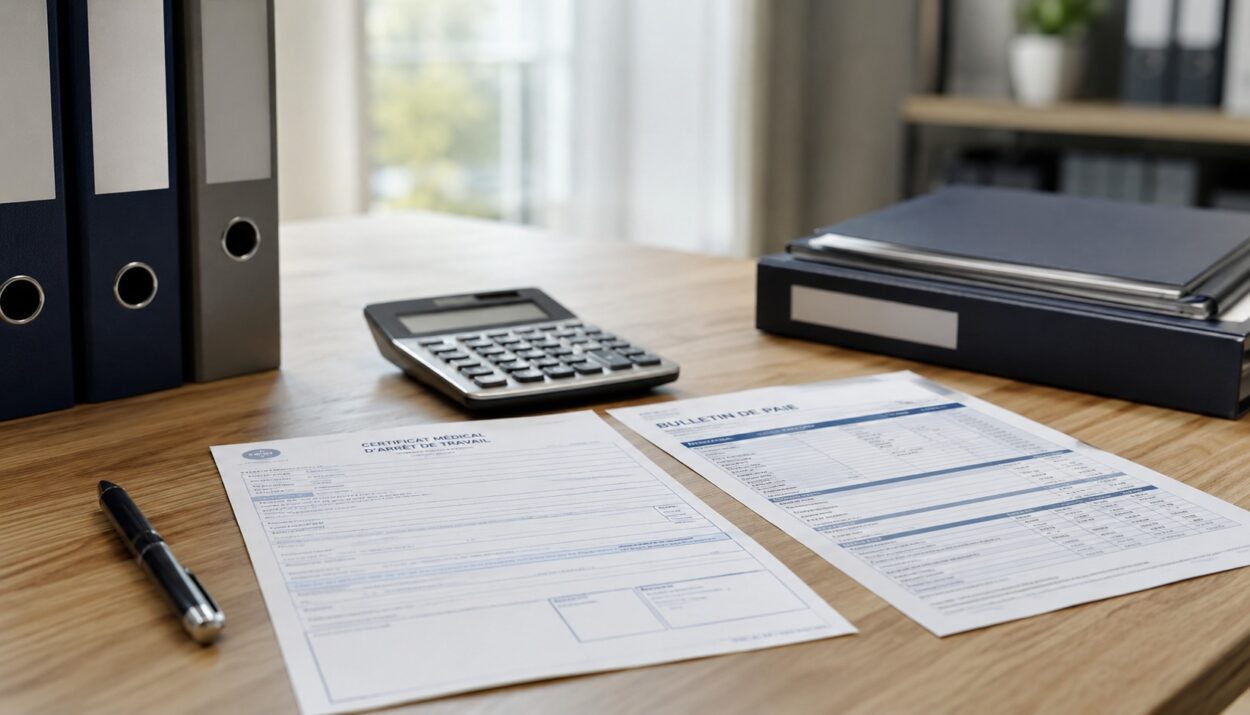 Certificat médical d'arrêt de travail, bulletin de paie et calculatrice sur un bureau, illustration du calcul du salaire pendant un arrêt maladie