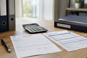 Certificat médical d'arrêt de travail, bulletin de paie et calculatrice sur un bureau, illustration du calcul du salaire pendant un arrêt maladie