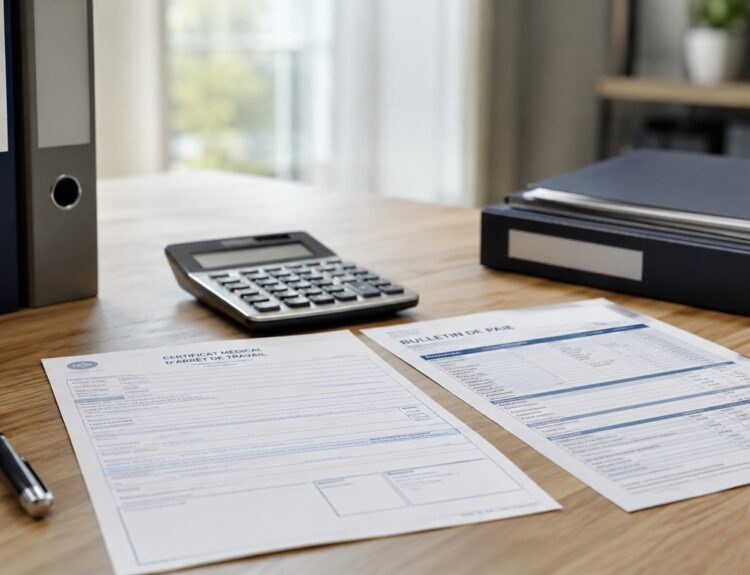 Certificat médical d'arrêt de travail, bulletin de paie et calculatrice sur un bureau, illustration du calcul du salaire pendant un arrêt maladie