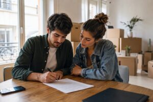 Jeune couple signant un bail de colocation dans un appartement avec cartons de déménagement