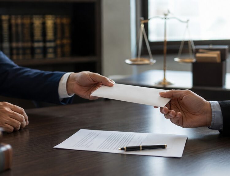 Employé remettant sa lettre de démission à son manager dans un cadre professionnel