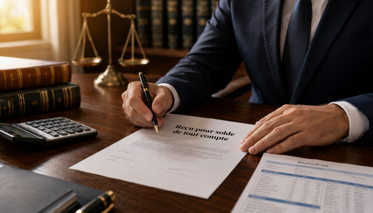 Salarié signant un reçu pour solde de tout compte avec calculatrice, bulletin de paie et balance de la justice