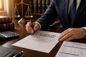 Salarié signant un reçu pour solde de tout compte avec calculatrice, bulletin de paie et balance de la justice