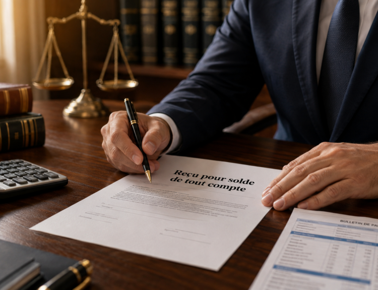 Salarié signant un reçu pour solde de tout compte avec calculatrice, bulletin de paie et balance de la justice
