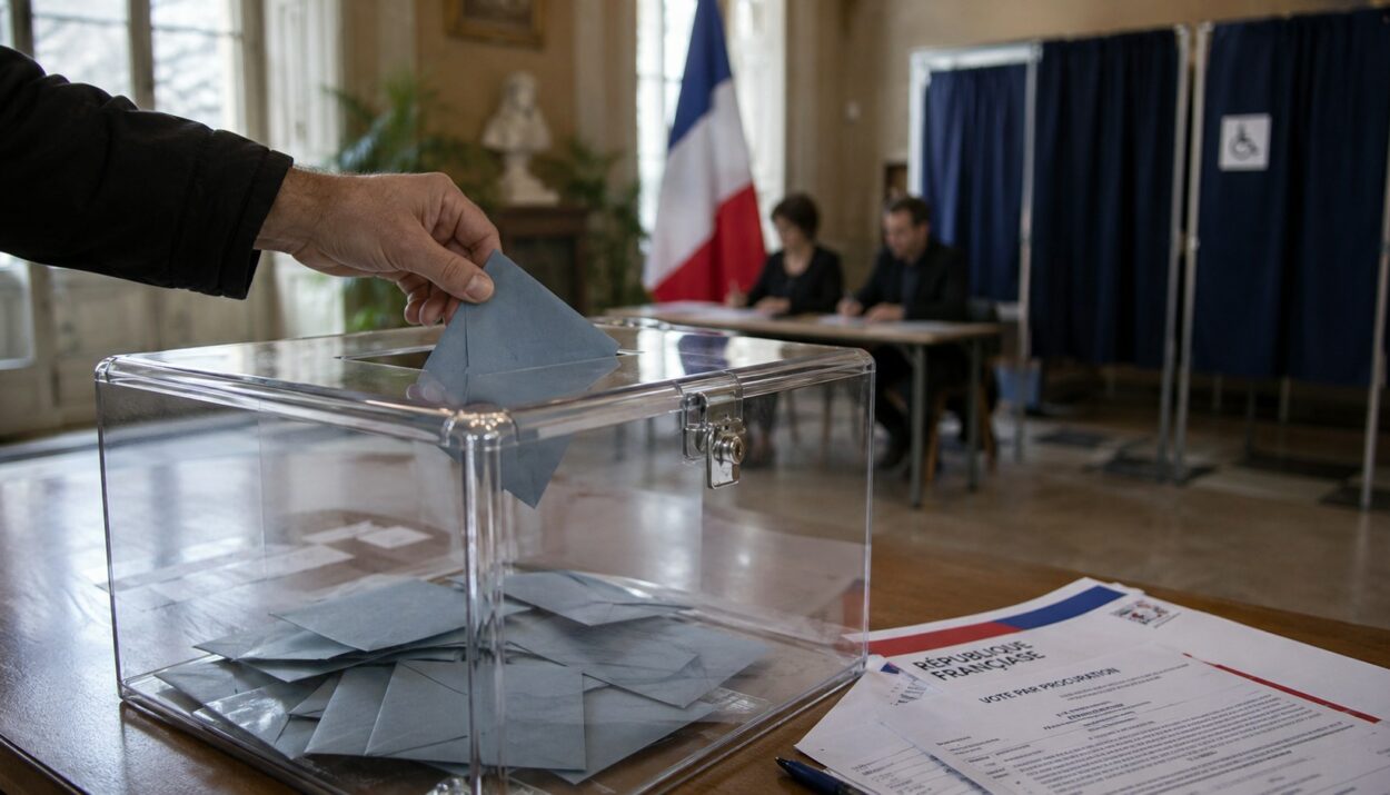 Bulletin de vote glissé dans une urne transparente lors d'un scrutin en France, avec formulaire de vote par procuration au premier plan