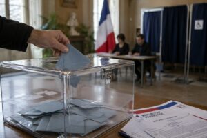 Bulletin de vote glissé dans une urne transparente lors d'un scrutin en France, avec formulaire de vote par procuration au premier plan