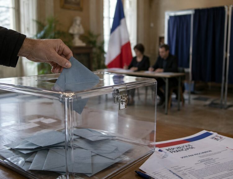 Bulletin de vote glissé dans une urne transparente lors d'un scrutin en France, avec formulaire de vote par procuration au premier plan