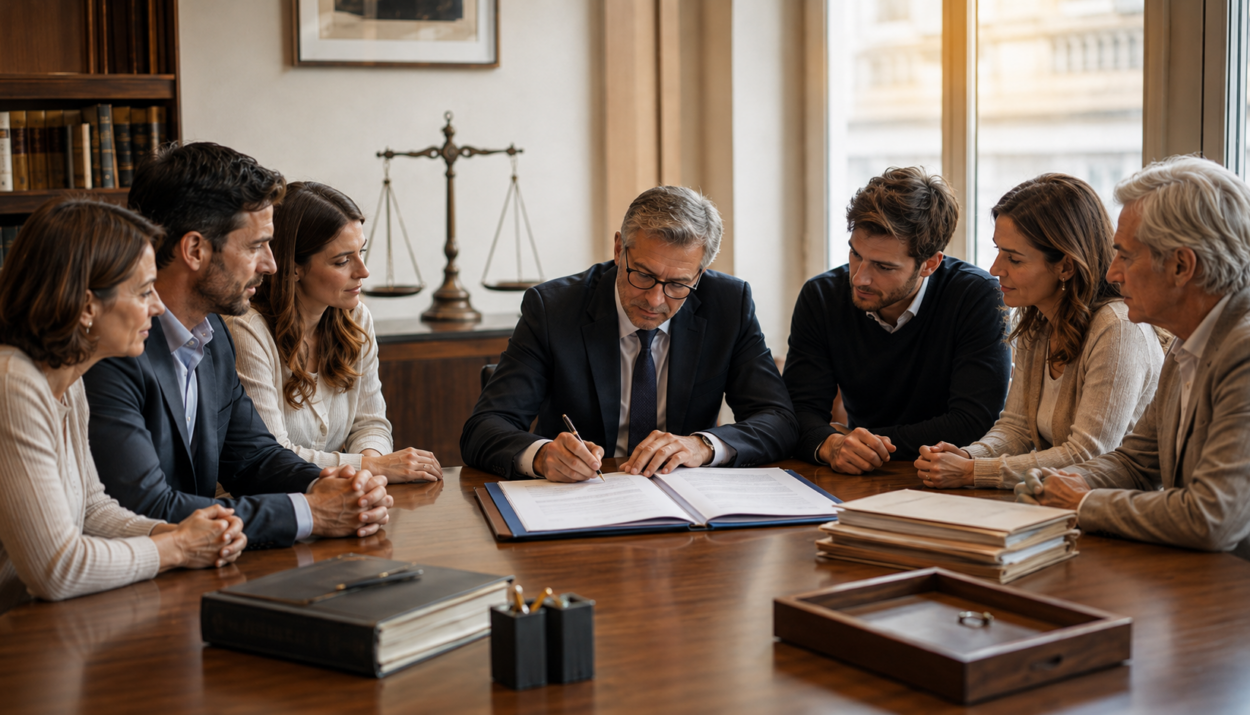 Notaire signant un acte de donation-partage devant une famille avec balance de la justice