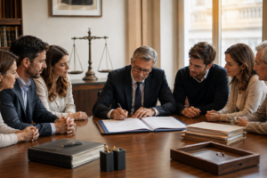 Notaire signant un acte de donation-partage devant une famille avec balance de la justice