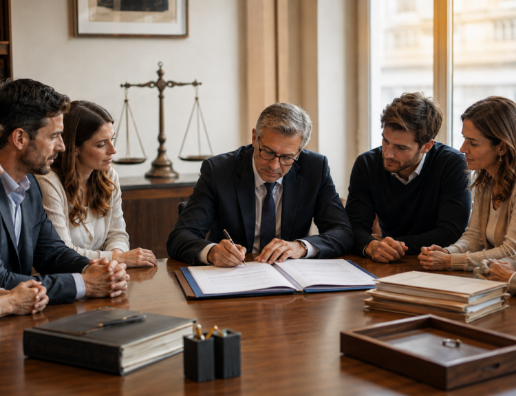 Notaire signant un acte de donation-partage devant une famille avec balance de la justice