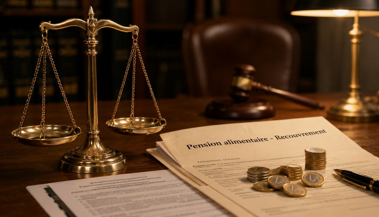 Balance de la justice et dossier de pension alimentaire impayée sur bureau de cabinet d'avocat