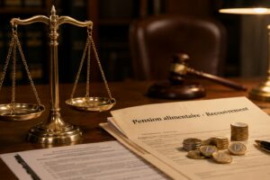 Balance de la justice et dossier de pension alimentaire impayée sur bureau de cabinet d'avocat