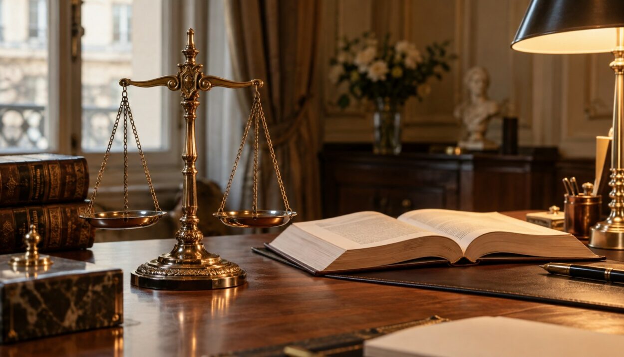Balance de la justice et code civil ouvert sur un bureau notarial