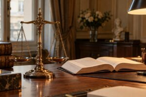 Balance de la justice et code civil ouvert sur un bureau notarial