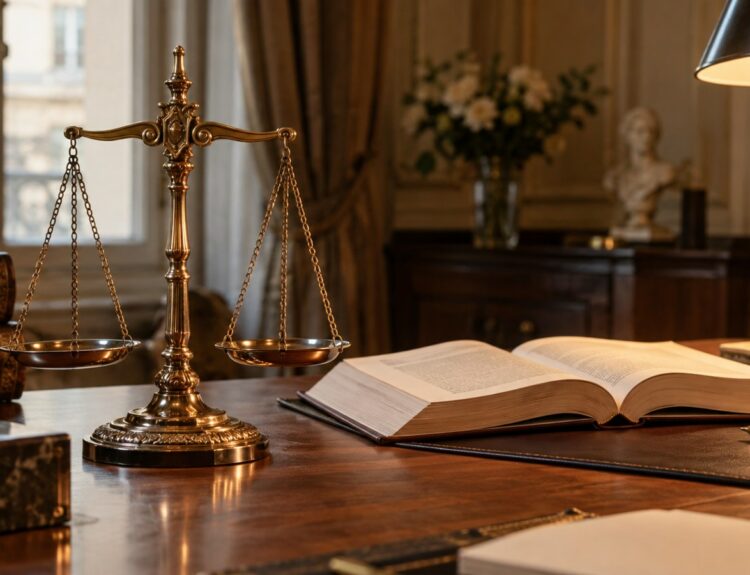 Balance de la justice et code civil ouvert sur un bureau notarial