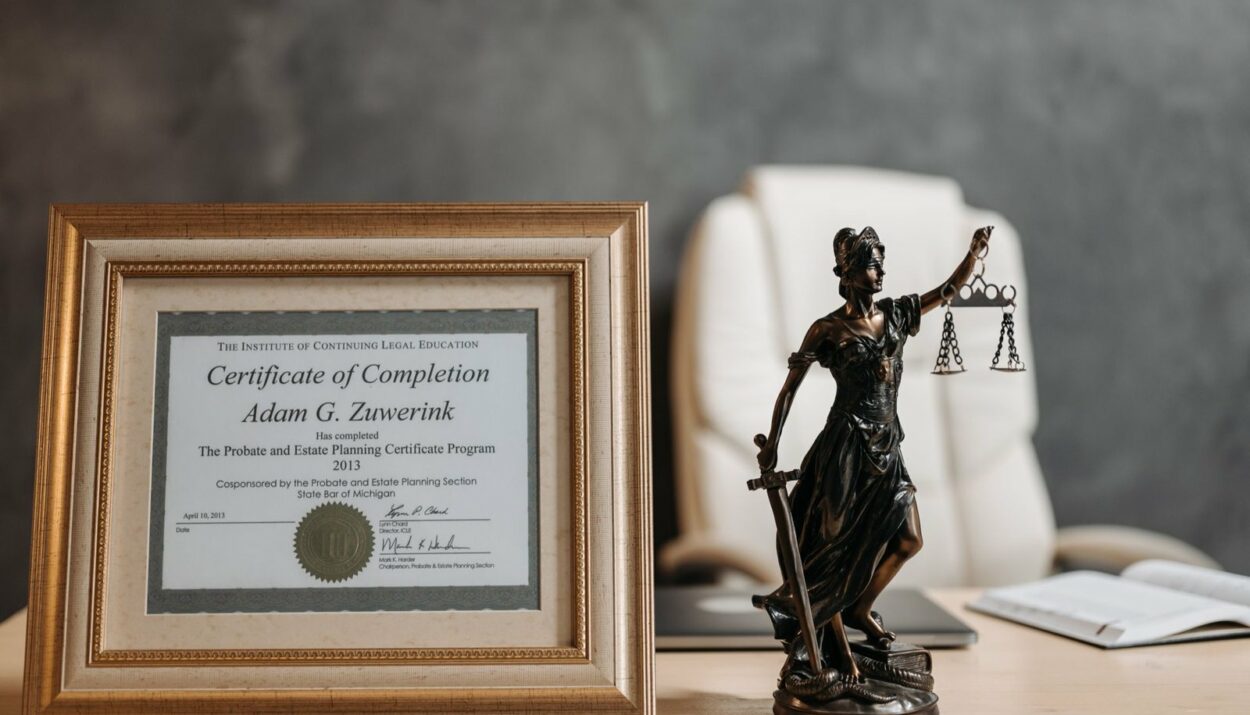Certificat de planification successorale et statue de la justice sur un bureau d'avocat